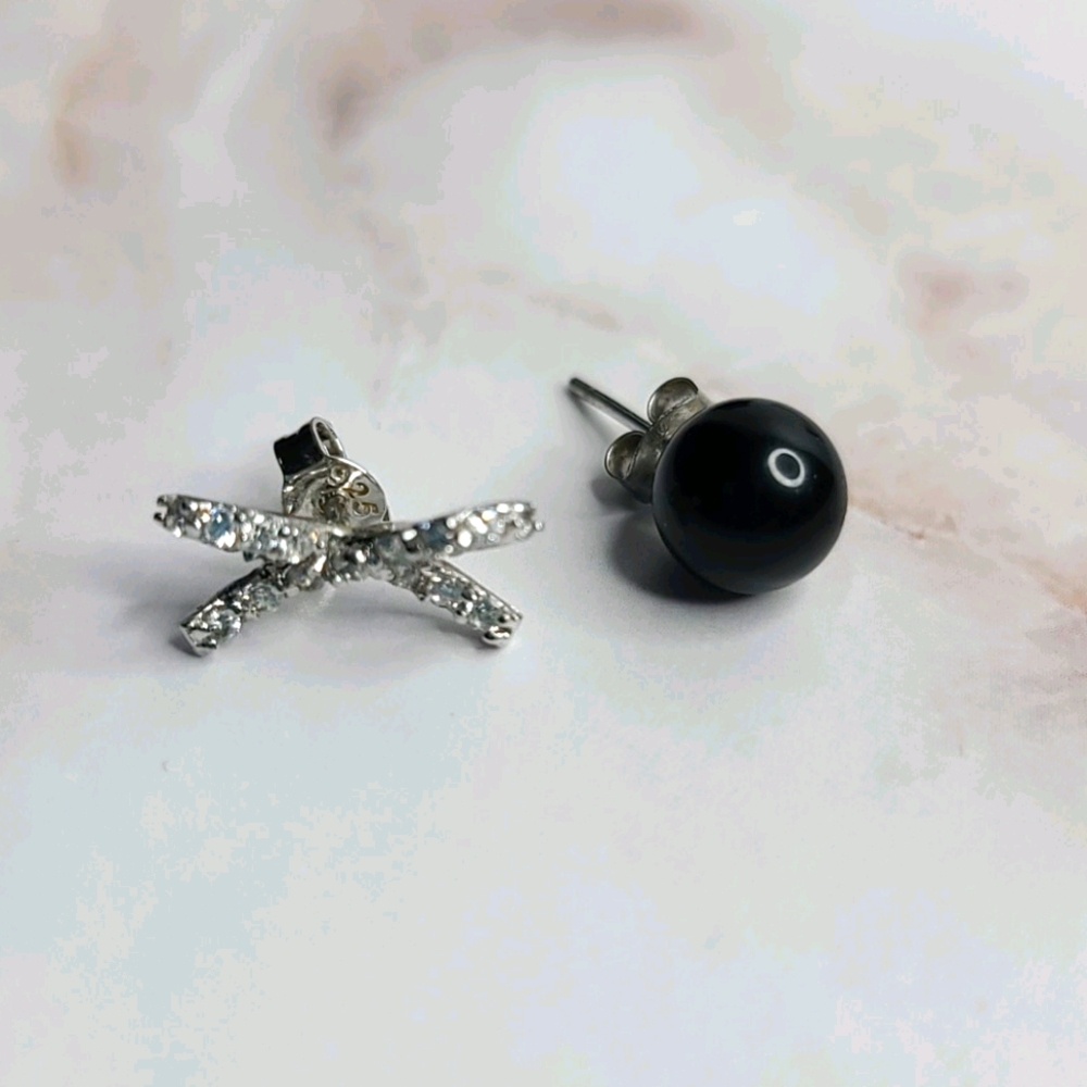 Sterling silver onyx ball and bow earrings